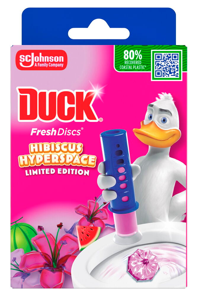 Toalettrengjøring Duck Fresh Discs 36 ml Hibiscus i rosa eske, viser and som påfører disk i toalettet.