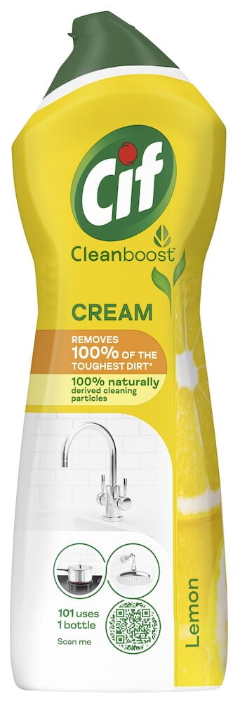 Keltainen Cif-pullo vihreällä korkilla ja sitruunakuvio.