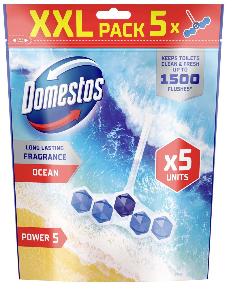 Pakke med fem blå toalettrensblokker med duft av havet.
