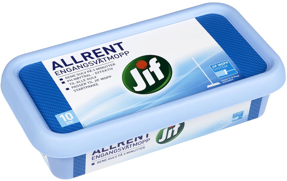 Blå plastemballasje Jif engangsvåtmopp ti-pakk.