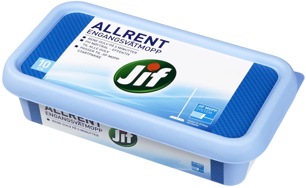 Blå pakning med Jif engangsvåtmopp rengjøringskluter.
