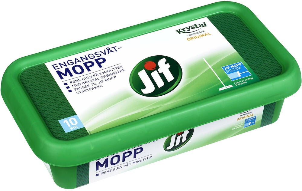 Grønn plastemballasje med Jif engangs våtmopper.