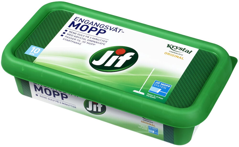 Grønn plastboks med Jif engangsvåtmopper.