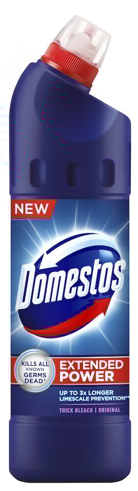 Sininen WC-puhdistusainepullo, jossa on punainen vino muovikansi.