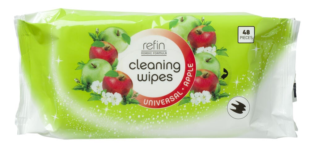 Grønn emballasje rengjøringsservietter med epler og blomster.