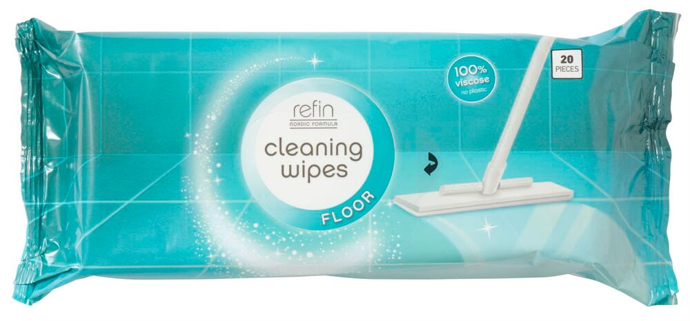 Turkoosi pakkaus refin-lattianpuhdistuspyyhkeitä.