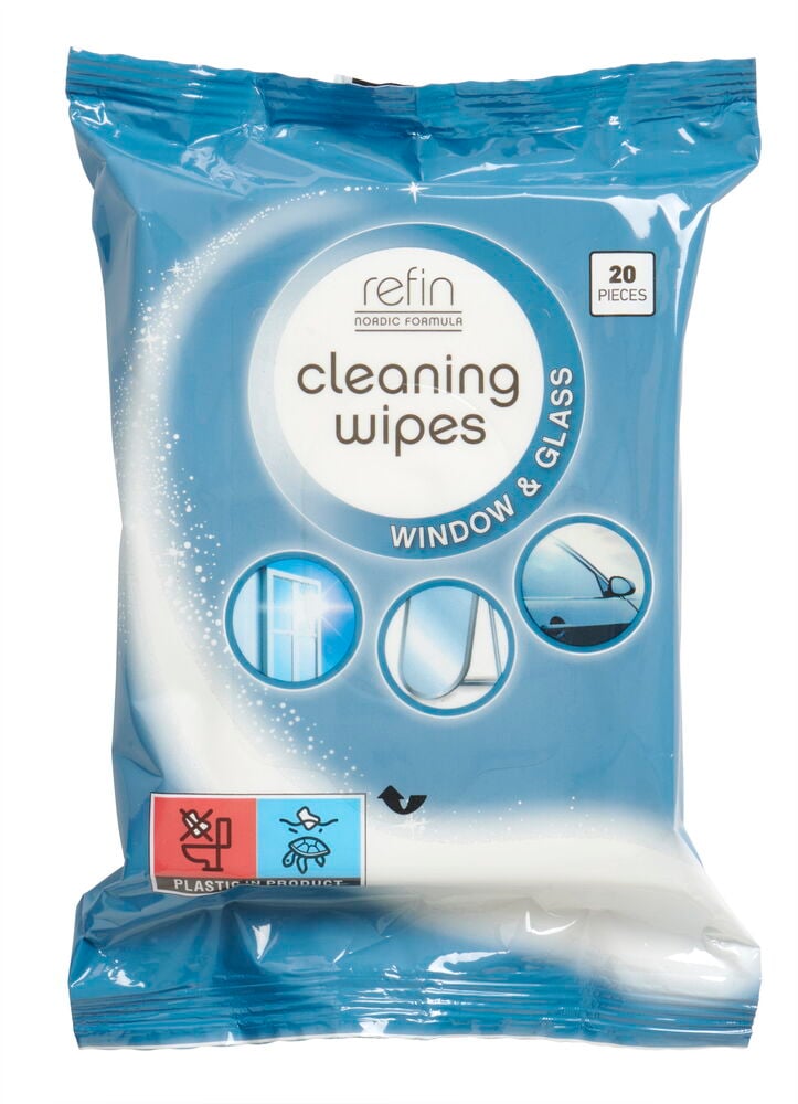 Sininen pakkaus puhdistusliinoja ikkunoille ja lasille.