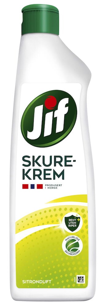 Hvit flaske Jif skurekrem med grønt plastlokk.