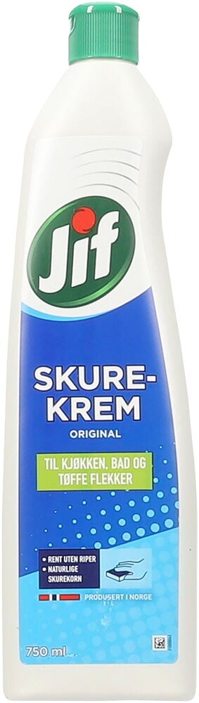 Rengjøringsmiddel Jif Skurekrem 750 ml Original i en hvit plastflaske med grønn kork og blå etikett, forfra.