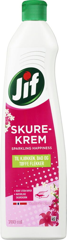 Rengjøringsmiddel Jif Skurekrem 750 ml Sparkling Happiness i hvit plastflaske med grønn kork og blomstrete rosa etikett.