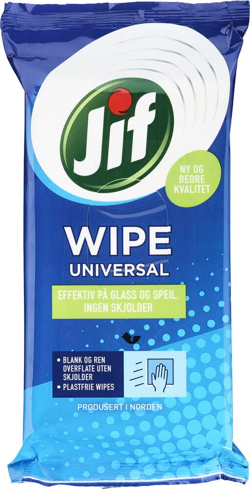 Blå og hvit Jif Universal rengjøringsserviett 30-pakning, med tekst og en hånd som tørker en overflate.