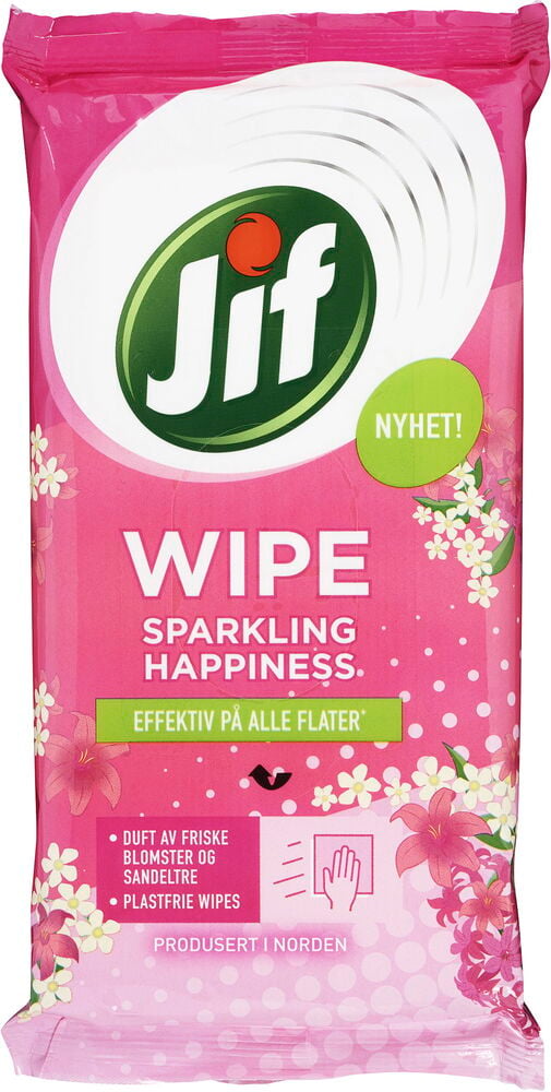 En rosa Jif 30-pk Sparkling Happiness rengjøringsserviett pakke med blomstermønster og en grønn etikett.