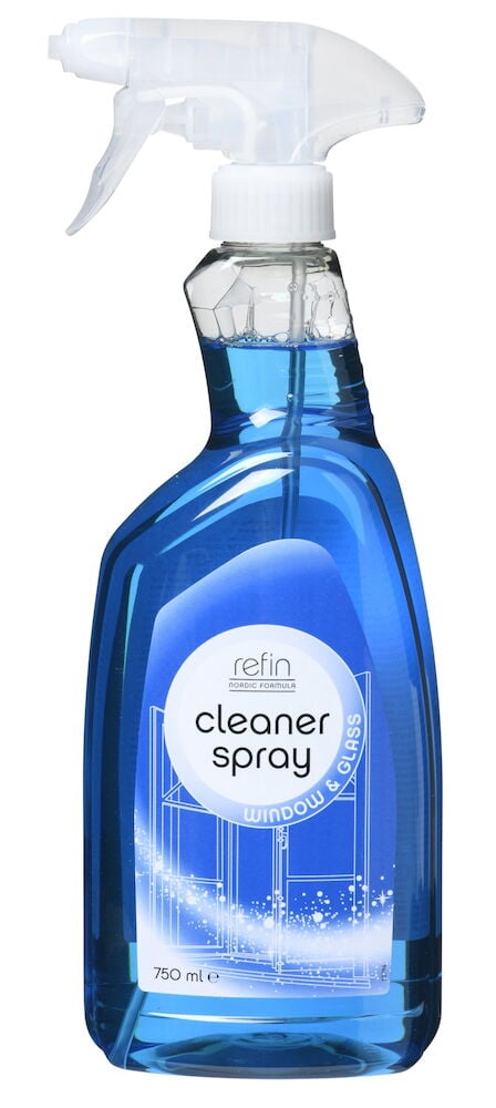 Blaue Sprühflasche für umweltfreundliche Fenster- und Glasreinigung.