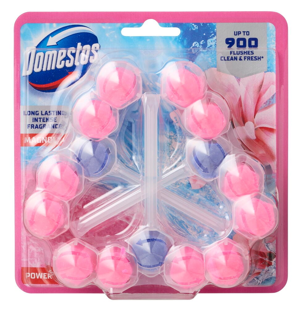 Ein pinker und blauer Domestos Power 5 3er-Pack Magnolia WC-Reiniger in transparenter Blisterverpackung.