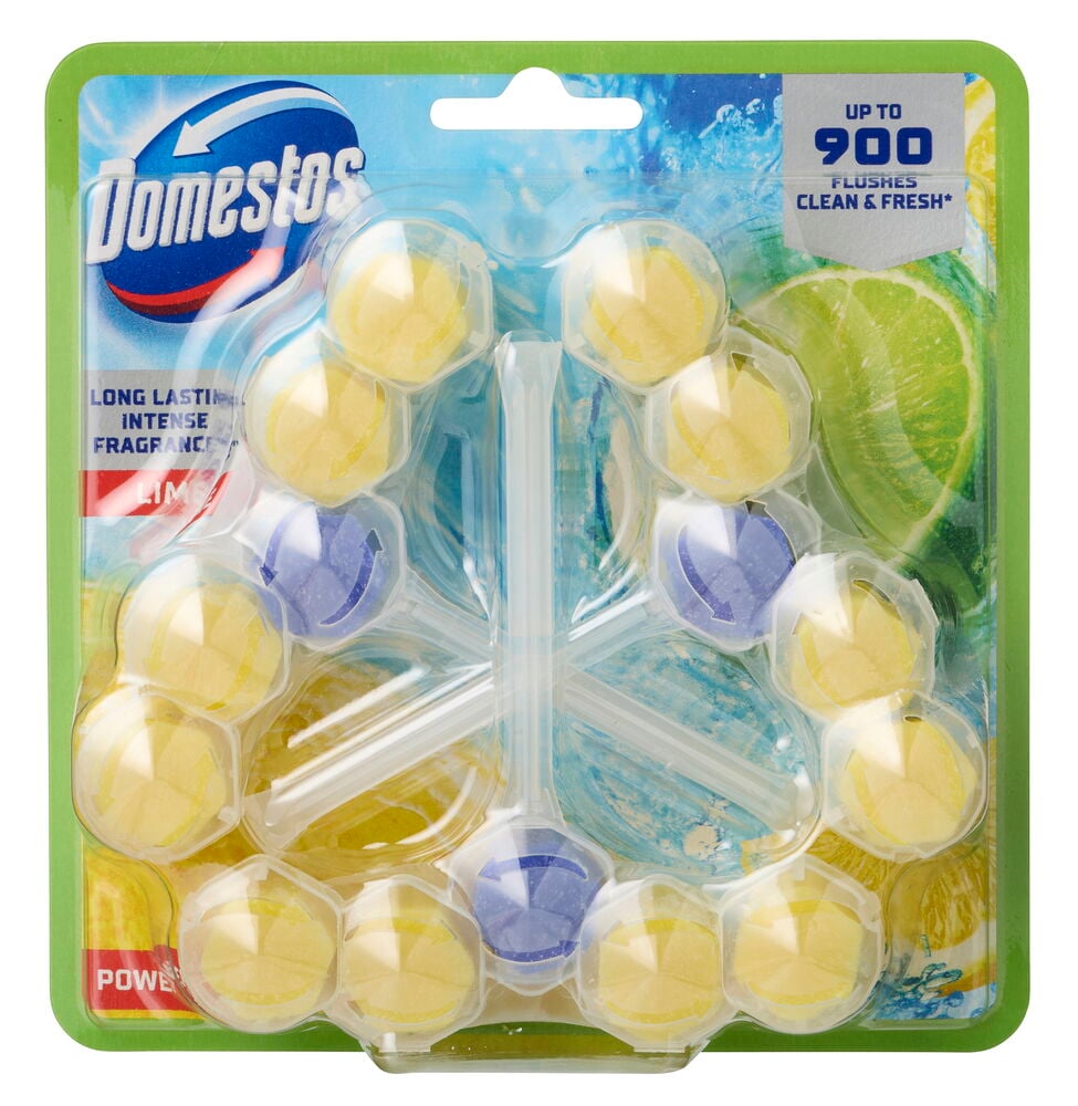 WC-Reiniger Domestos Power 5 Lime, eine Blisterpackung mit 15 gelben und 3 lila Reinigungsblöcken.