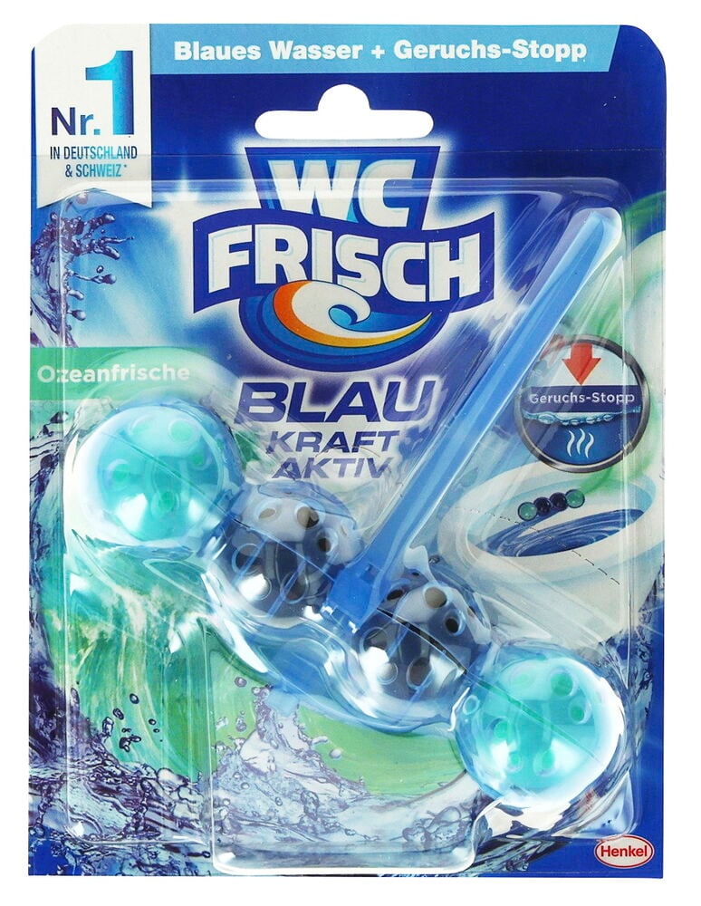 WC Frisch Kraft Aktiv 50g Power Active Blue Oceanfresh WC-Reiniger in transparenter Verpackung.
