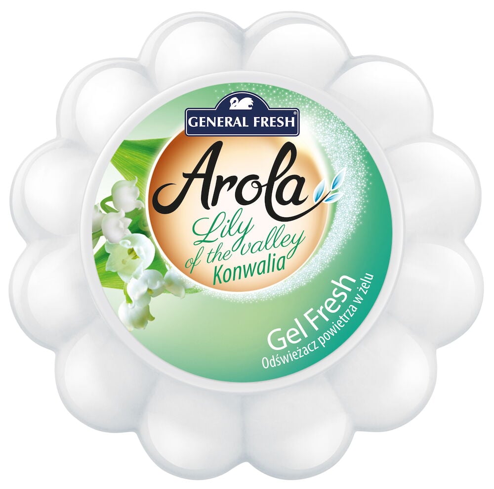 Pyöreä valkoinen geeli-ilmanraikastin, jossa kukkakuviointi.