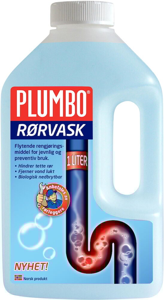 Blå flaske avløpsåpner med håndtak og etikett.