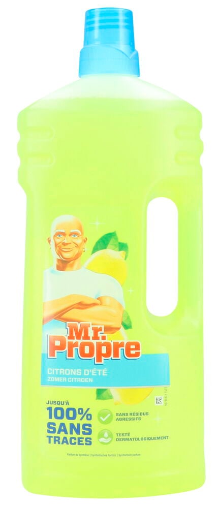 Eine limettengrüne 2-Liter-Flasche Allzweckreiniger Meister Proper Citrusfrische mit blauem Verschluss und Griff.
