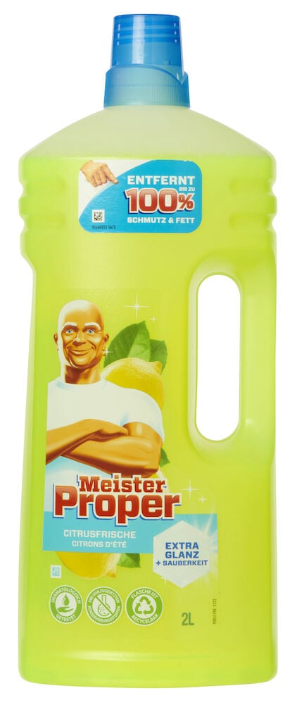 Eine hellgrüne 2-Liter-Meister Proper Allzweckreiniger-Flasche mit blauem Verschluss und Zitrusetikett.