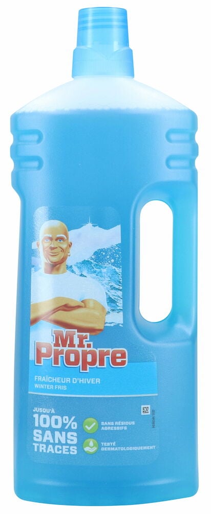 Allzweckreiniger Meister Proper 2 Liter Winter Fresh in einer durchscheinenden blauen Plastikflasche mit hellblauer Kappe und Etikett.