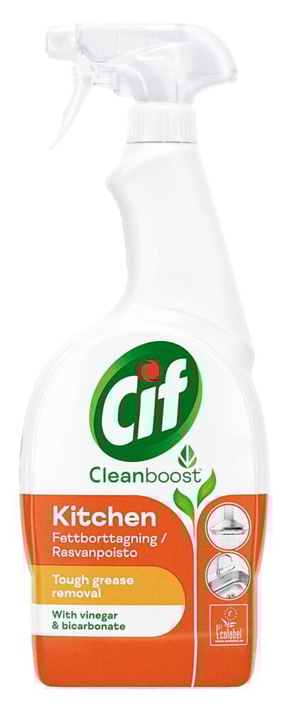 Valkoinen pullo Cif-keittiönpuhdistussuihketta rasvalle.