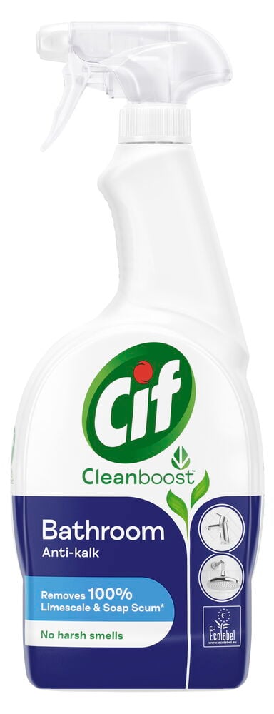 Valkoinen suihkepullo kylpyhuoneen puhdistamiseen, sininen etiketti.