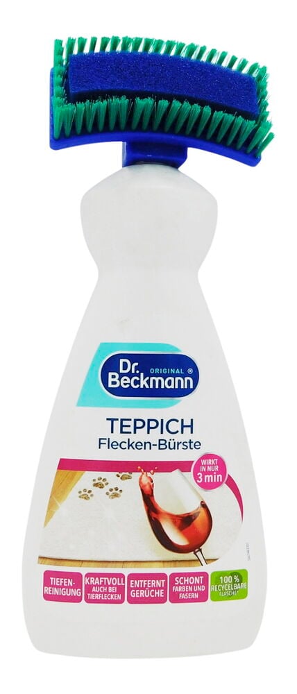 Weiße Dr. Beckmann Teppichfleckenentfernerflasche mit blauem und grünem Bürstenapplikator.