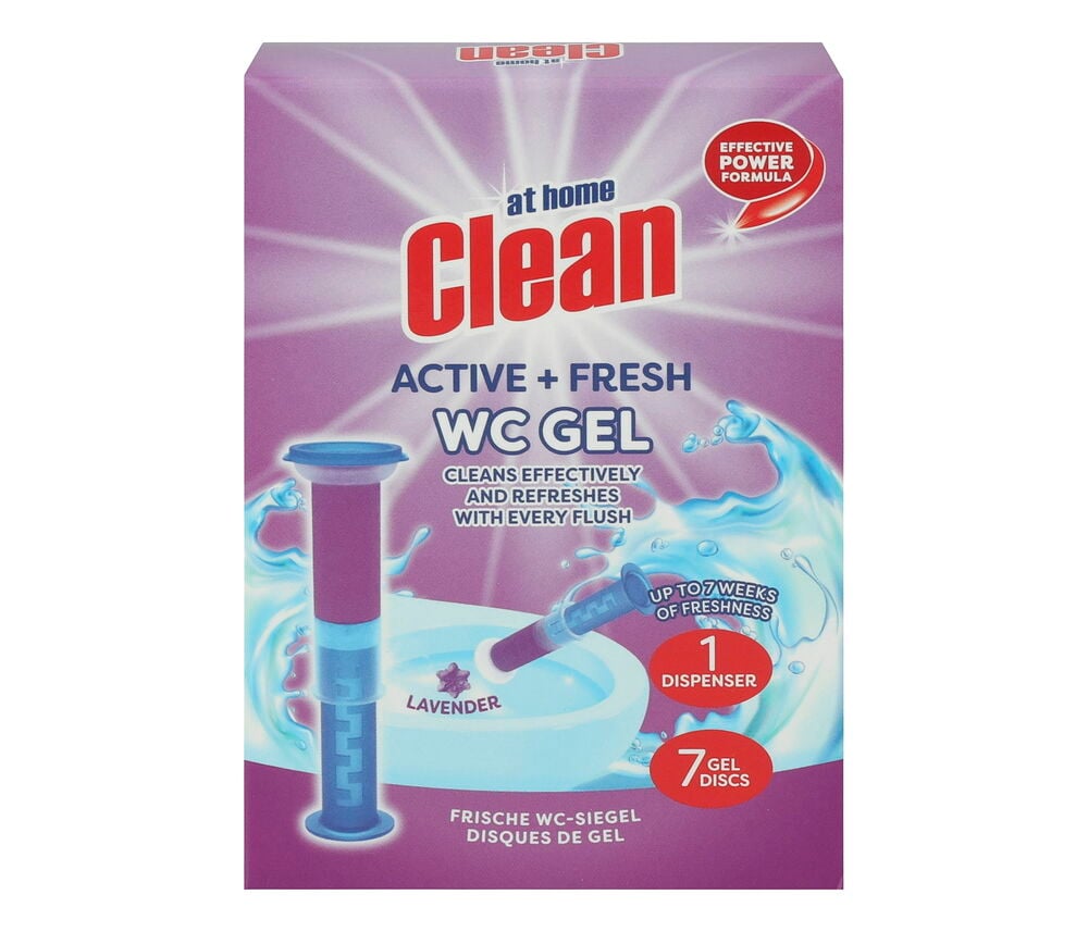 Eine lila Schachtel Toilettenreiniger At Home Clean WC Gel, Lavendelduft, mit einem Spender und sieben Gelscheiben.