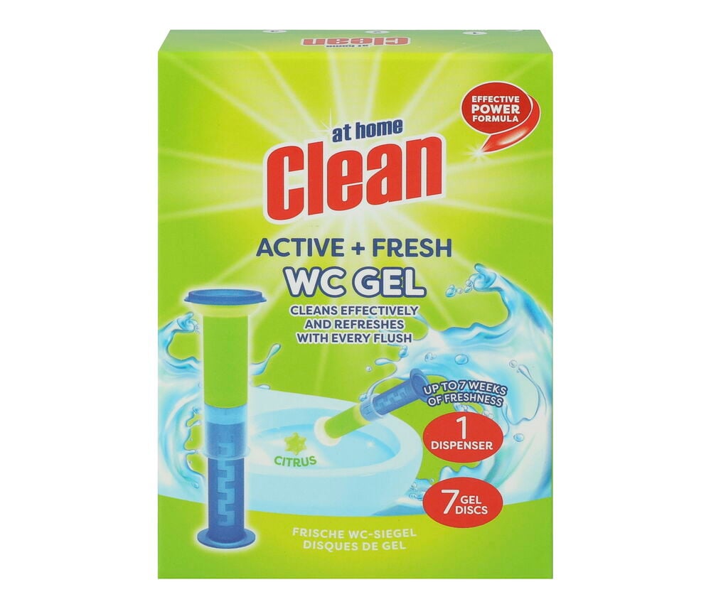 Hellgrüner At Home Clean Toilettenreiniger-Karton zeigt Gelspender, 7 Gelscheiben und eine Toilettenschüssel. Zitrusduft.