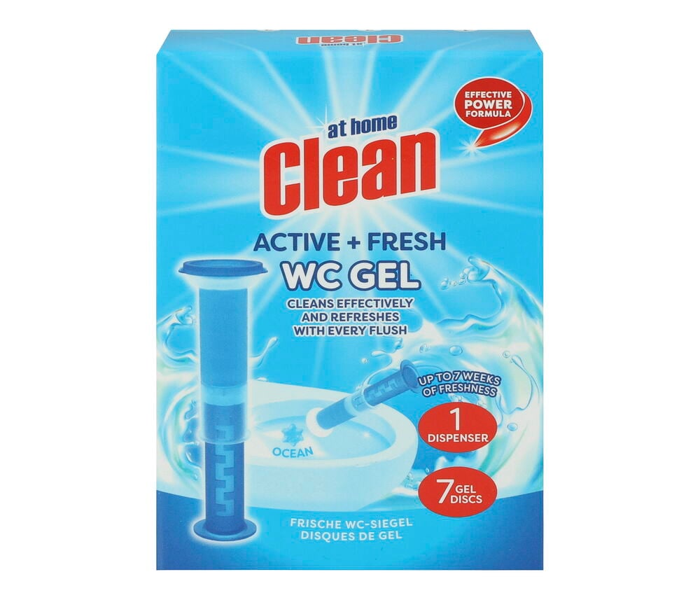 Blaue Kartonpackung von At Home Clean Toilettenreiniger mit Gel-Spender, einer Toilettenschüssel und 7 Gel-Discs.