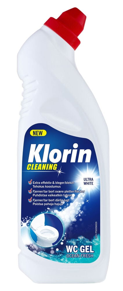 Toalettrengöring Klorin WC Gel 750 ml Ocean Fresh i vit flaska med röd kork och blå etikett.