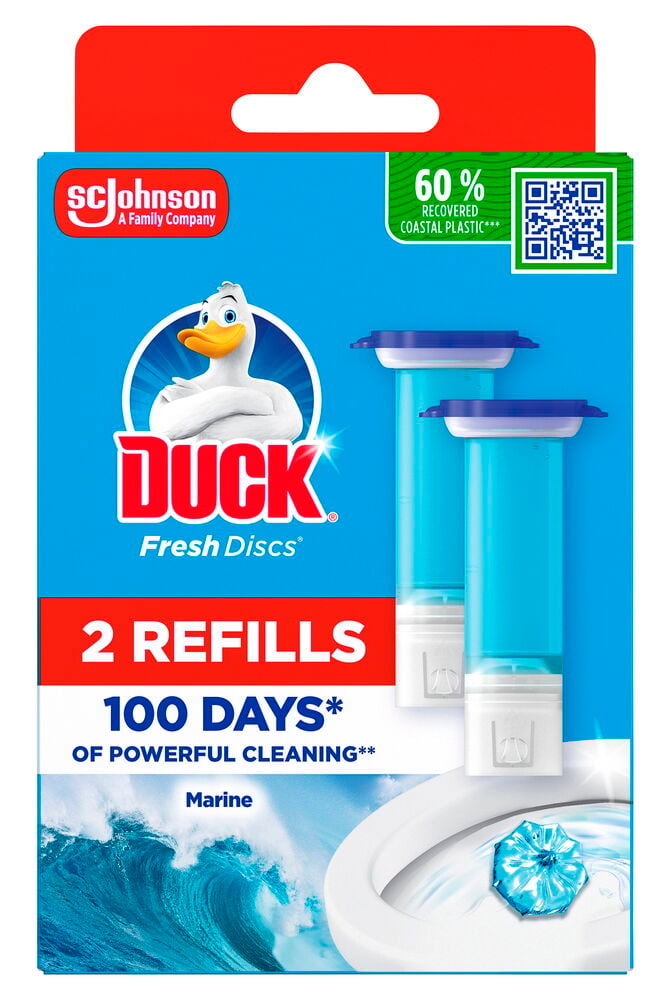 Toalettrengjøring Duck Fresh Discs refill 2x36 ml Marine, blå og hvit pakke som viser to klare blå refill-sylindere.