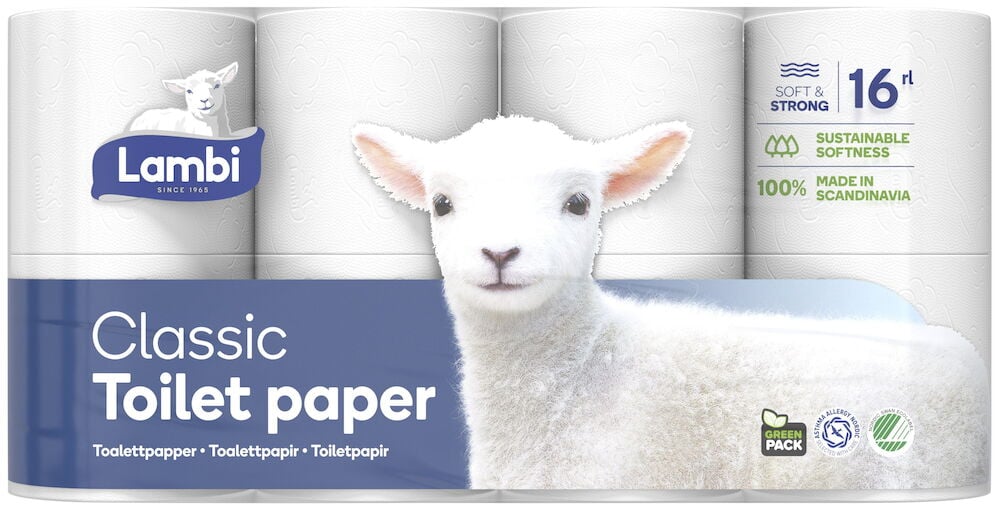 Förpackning med sexton vita Lambi toalettpappersrullar.