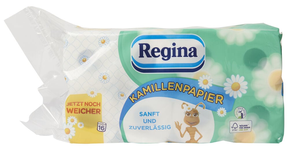 Verpackung mit sechzehn weißen Toilettenrollen im Kamille-Muster.