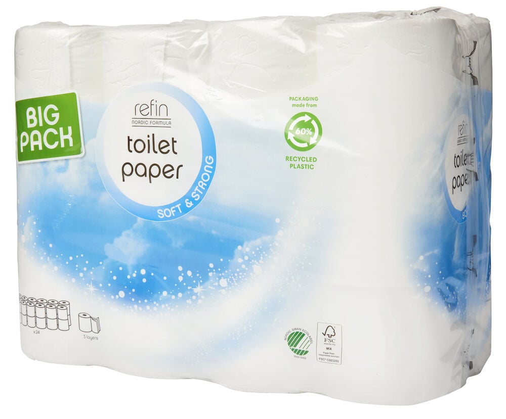 Verpackung mit 24 Rollen weichem Toilettenpapier.