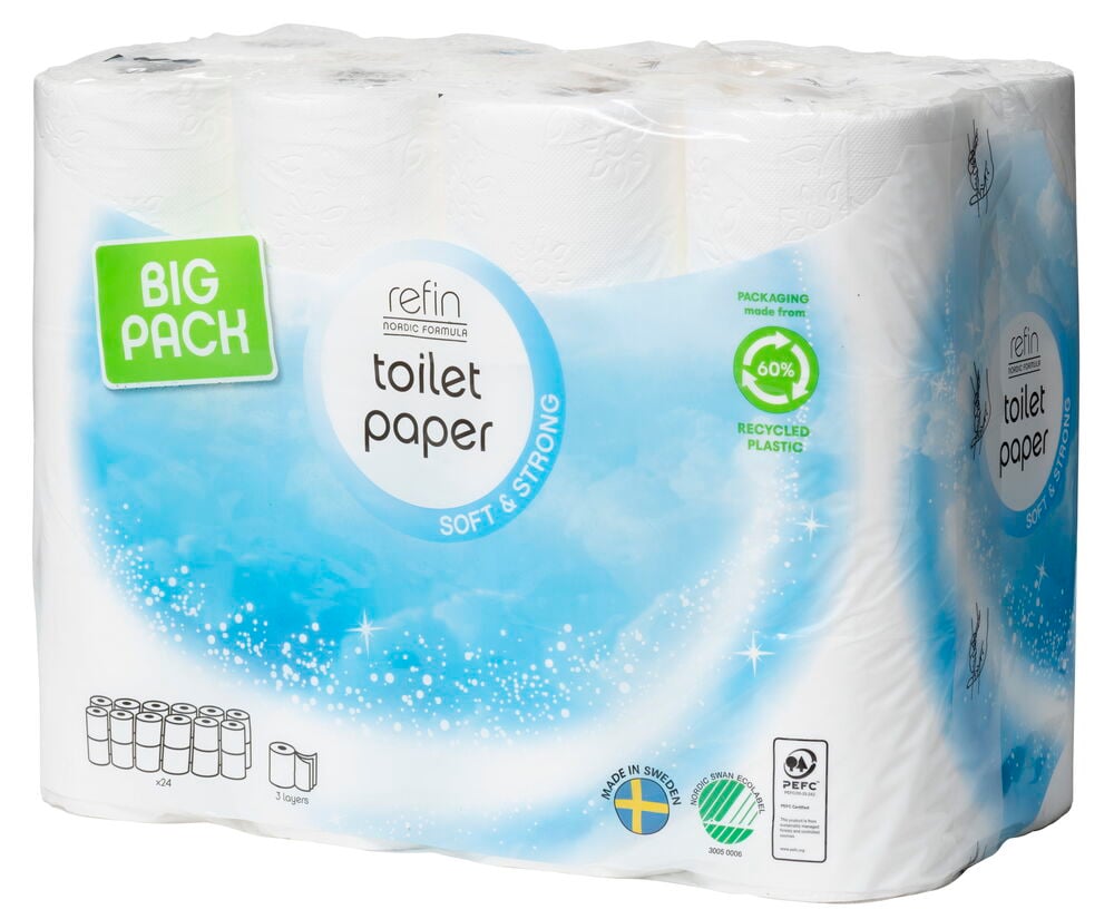 Förpackning med 24 rullar mjukt toalettpapper.