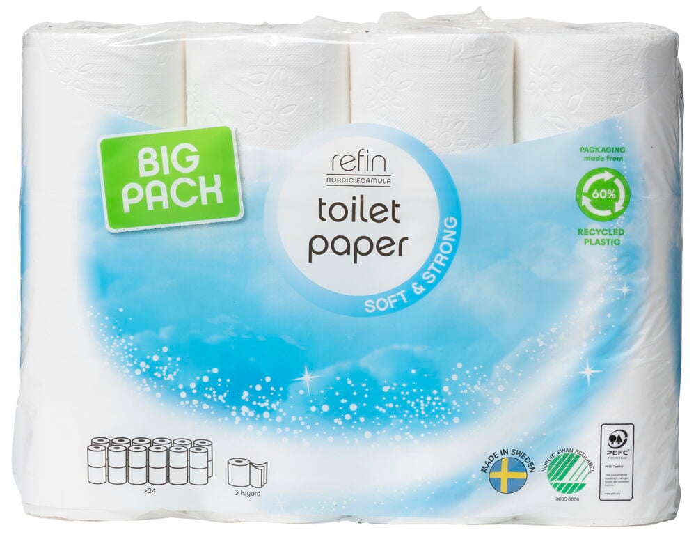 Verpackung mit weißen Toilettenrollen Refin dreilagig.