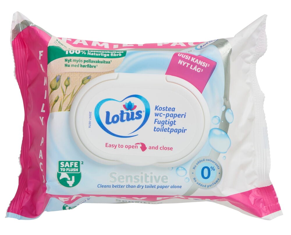 Kosteat wc-paperit vaaleanpunaisessa ja valkoisessa muovipakkauksessa.