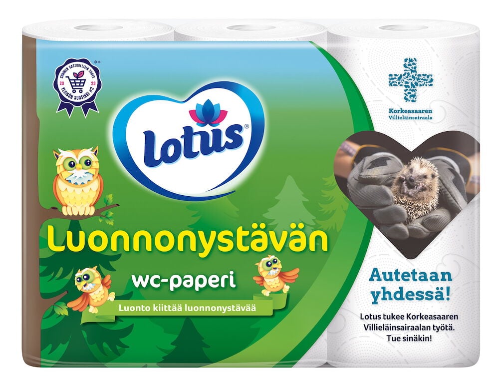 Pakkaus, jossa on kuusi rullaa ympäristöystävällistä Lotus-wc-paperia.