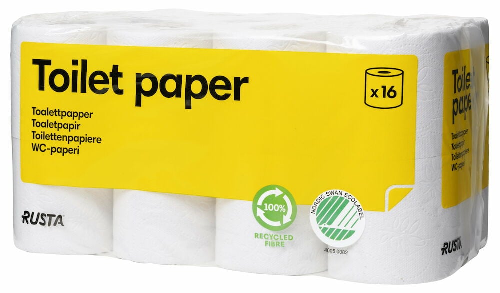 Sextonpack toalettpapper i plastförpackning med gul etikett.