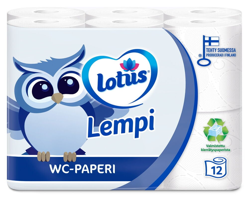 WC-paperi Lotus Lempi 12-pack sinivalkoisessa pakkauksessa, jossa on sininen sarjakuva pöllö.