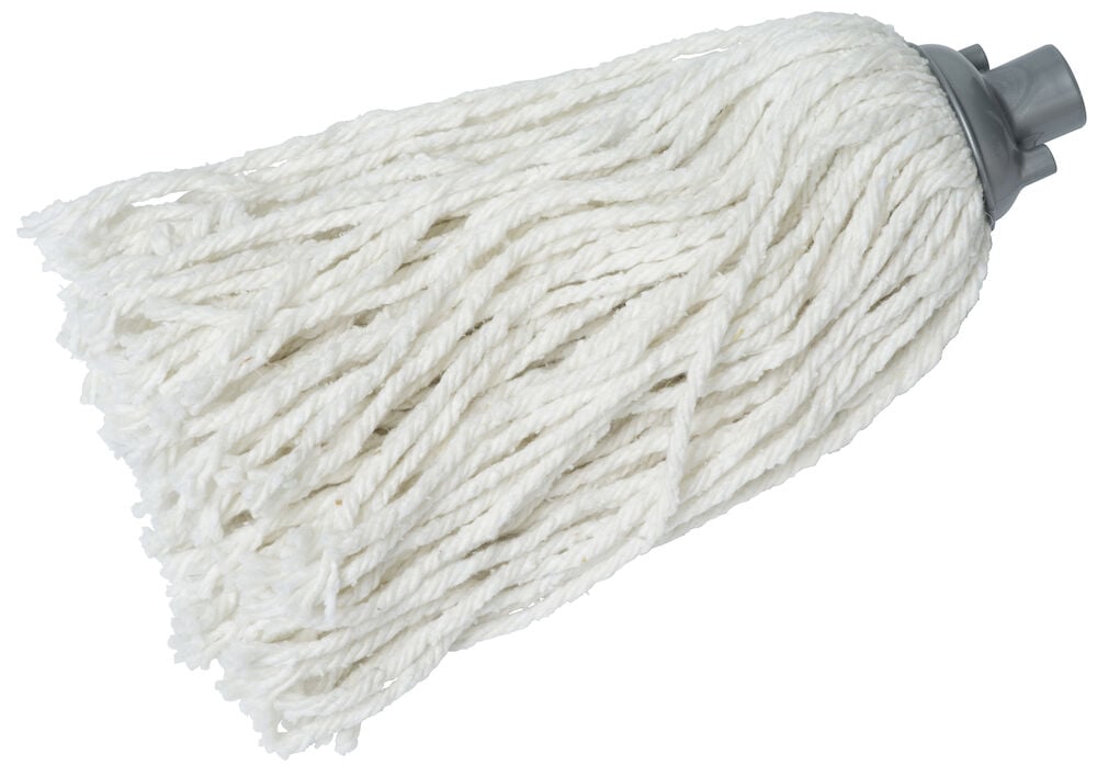 Weißes Moppkopf aus Baumwolle mit Kunststoffhalterung.