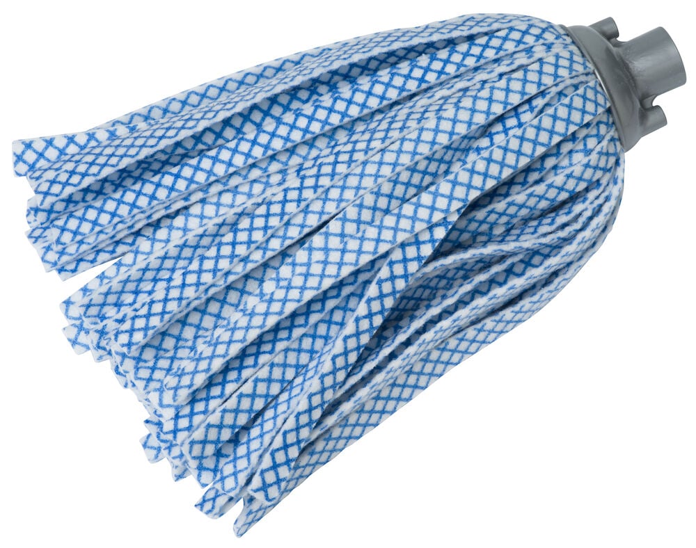 Wischmopkopf aus blau-weißem Viskosestoff mit Kunststoffhalterung.