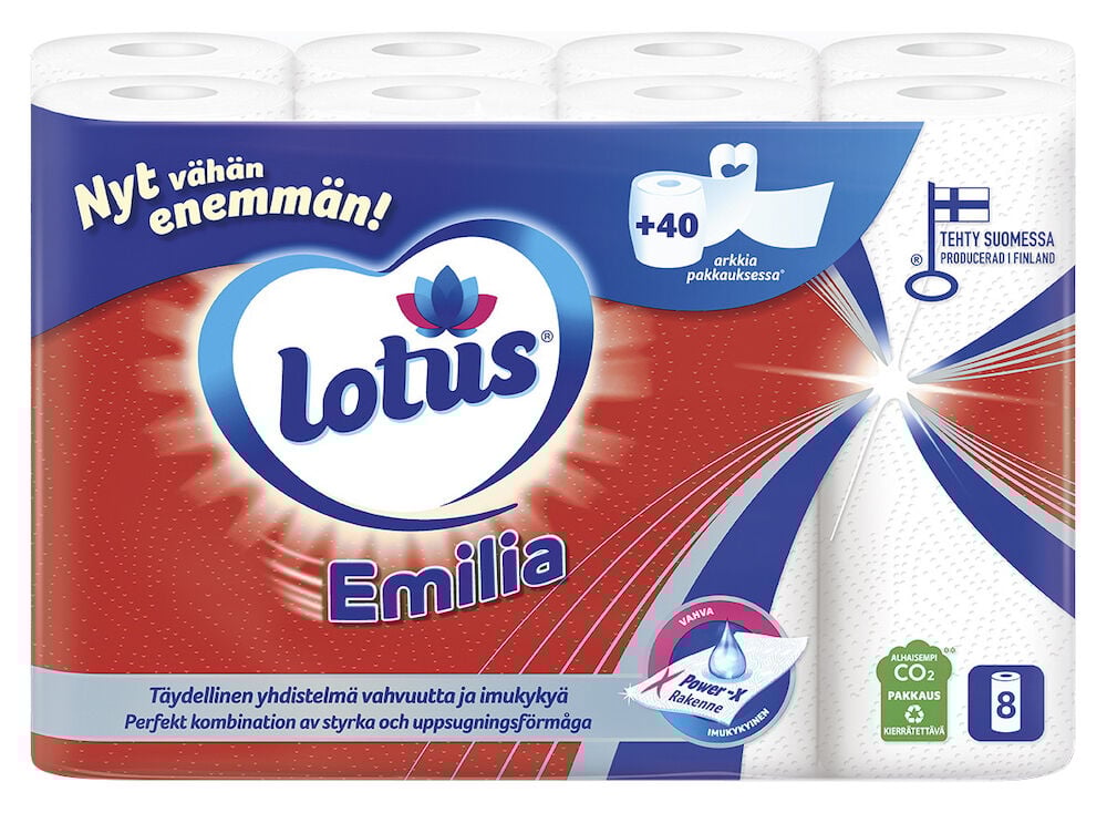 Kahdeksan valkoista talouspaperirullaa värikkäässä muovipakkauksessa.