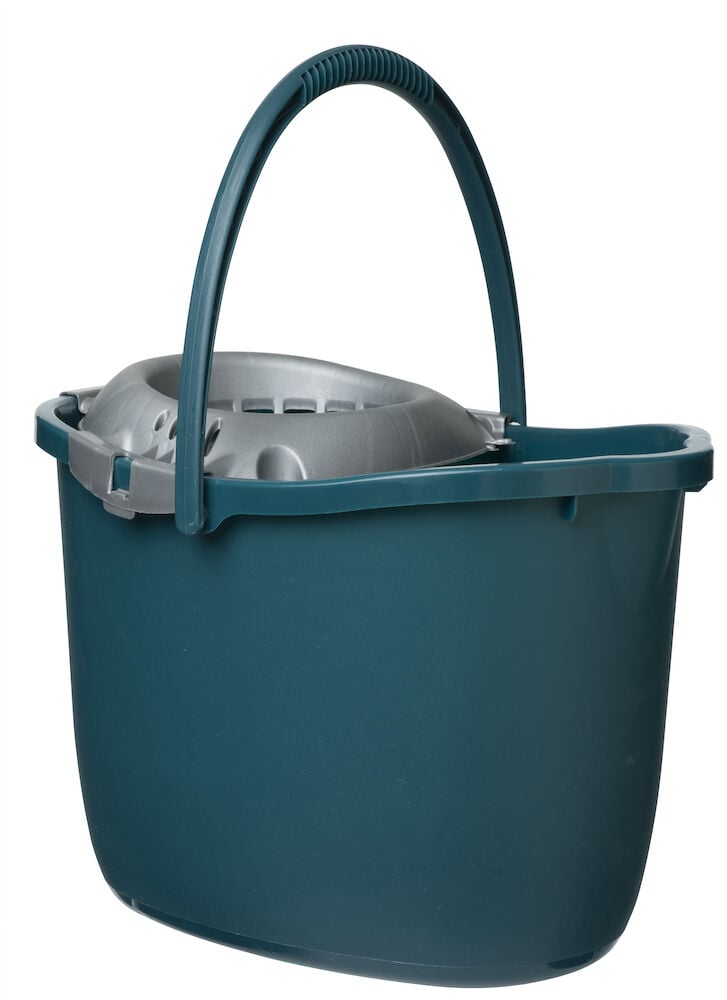 Grüner Mopp-Eimer mit grauem Auswringer und Griff.