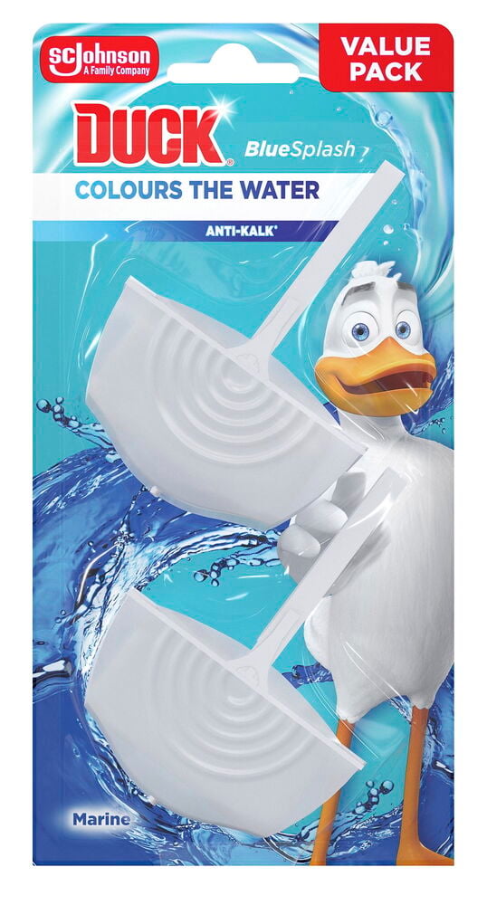 Toalettblock Duck 2-pack, vitt, skålformat, synligt genom transparent plastförpackning.