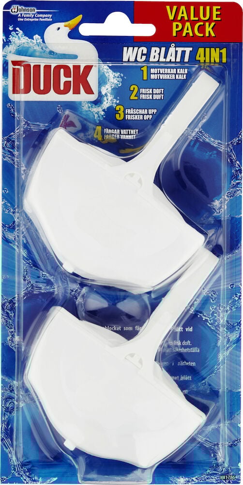 To hvite toalettblokker i gjennomsiktig plastemballasje.