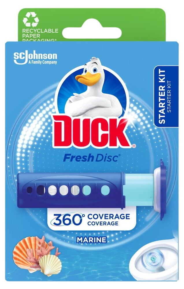 Toalettrengjøring Duck Fresh Discs 36 ml Marine startpakke, blå resirkulerbar emballasje med andekarakter og dispenser.