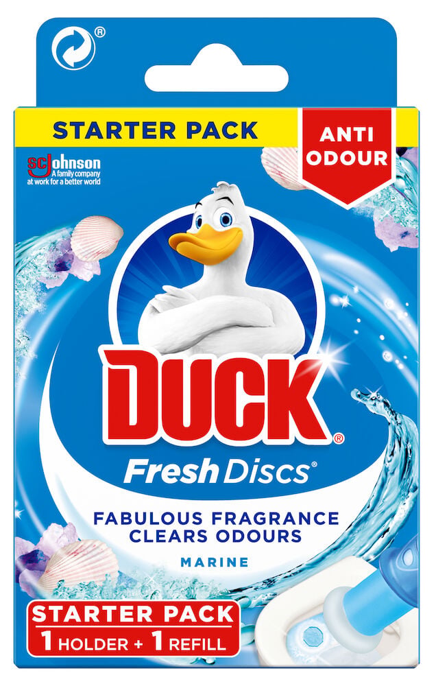 Blå og hvit Toalettrengjøring Duck Fresh Discs Marine startpakke-boks med en tegneserieand.